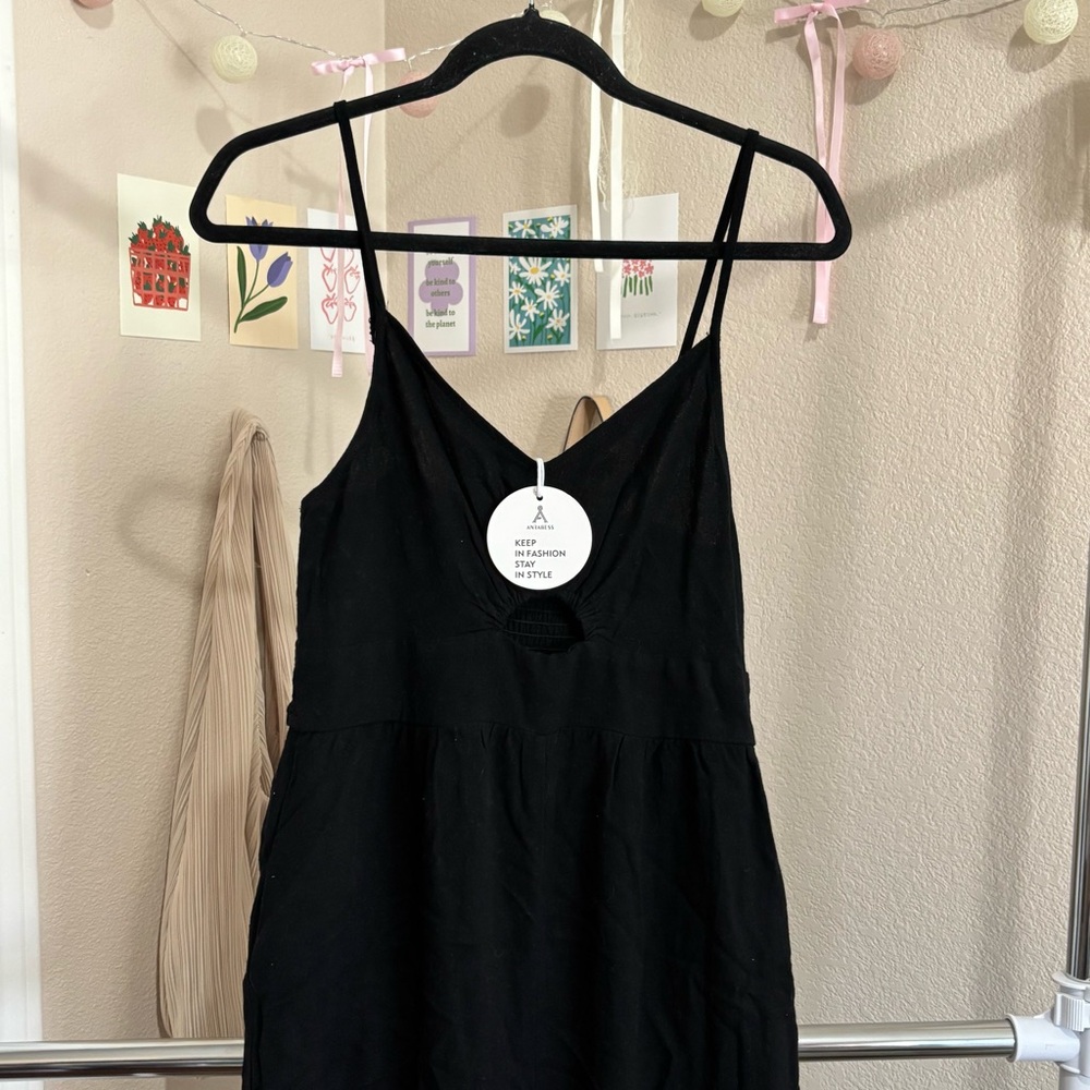 ୨୧ ・゚✧ ANRABESS Causal Spaghetti V Neck Cutout Linen Wide Leg One Piece Jumpsuit - Picture 4 of 8